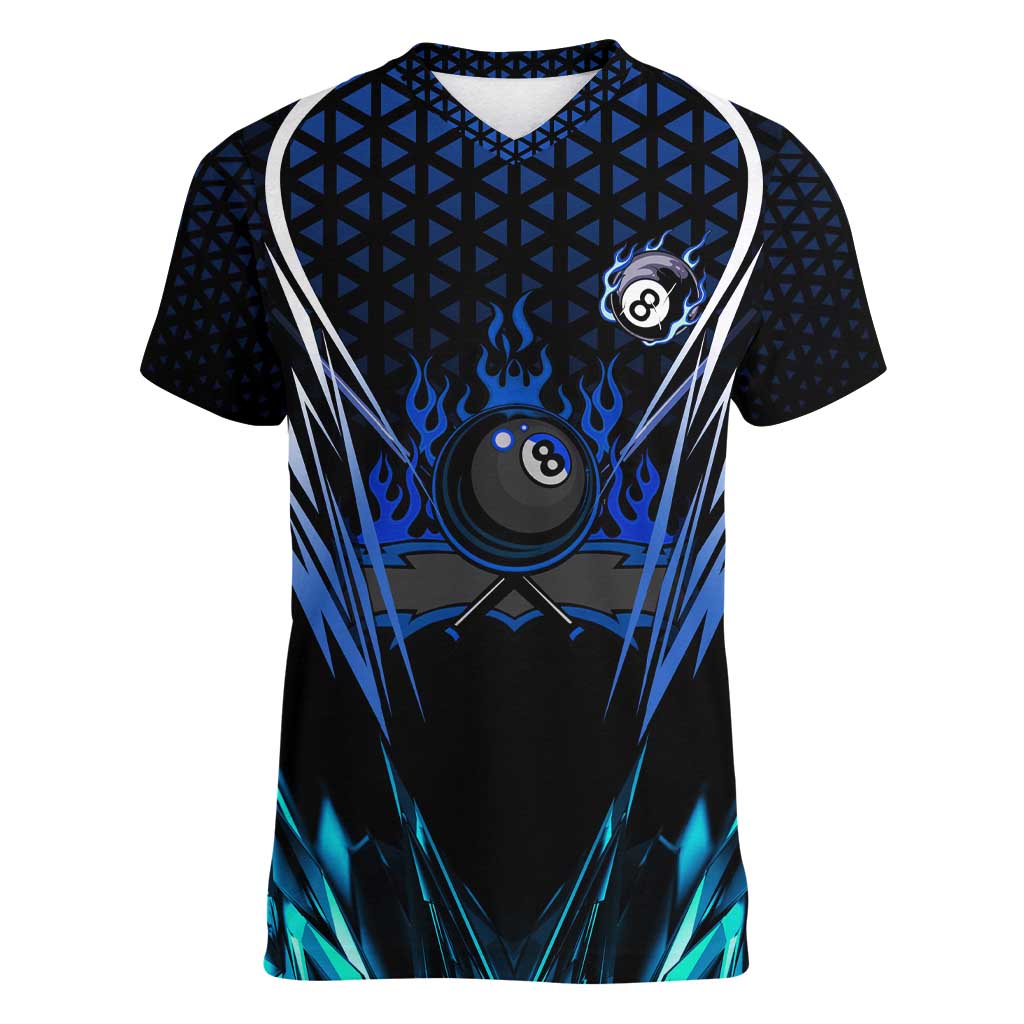 Billiards Design Women V-Neck T-Shirt with Blue Flame Eight Ball and Lightning Pattern in Black Cyan Gradient Background - Wonder Print Shop