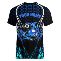 Billiards Design Women V-Neck T-Shirt with Blue Flame Eight Ball and Lightning Pattern in Black Cyan Gradient Background - Wonder Print Shop