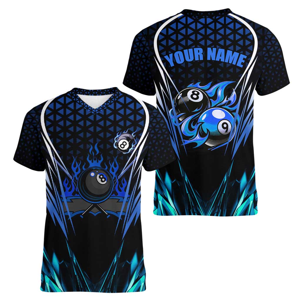 Billiards Design Women V-Neck T-Shirt with Blue Flame Eight Ball and Lightning Pattern in Black Cyan Gradient Background - Wonder Print Shop