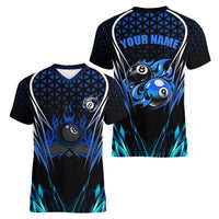 Billiards Design Women V-Neck T-Shirt with Blue Flame Eight Ball and Lightning Pattern in Black Cyan Gradient Background - Wonder Print Shop