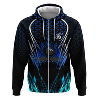Billiards Design Zip Hoodie with Blue Flame Eight Ball and Lightning Pattern in Black Cyan Gradient Background - Wonder Print Shop