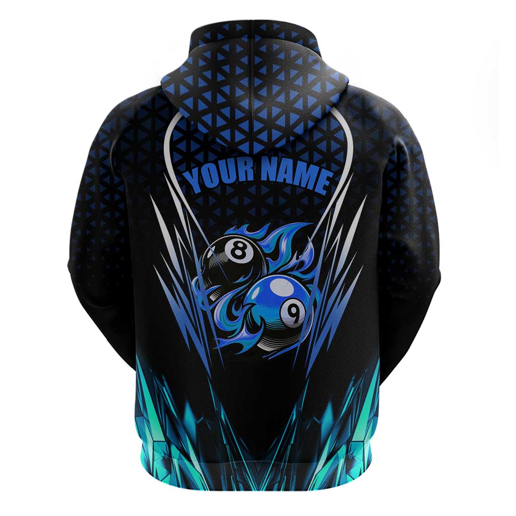 Billiards Design Zip Hoodie with Blue Flame Eight Ball and Lightning Pattern in Black Cyan Gradient Background - Wonder Print Shop