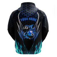 Billiards Design Zip Hoodie with Blue Flame Eight Ball and Lightning Pattern in Black Cyan Gradient Background - Wonder Print Shop