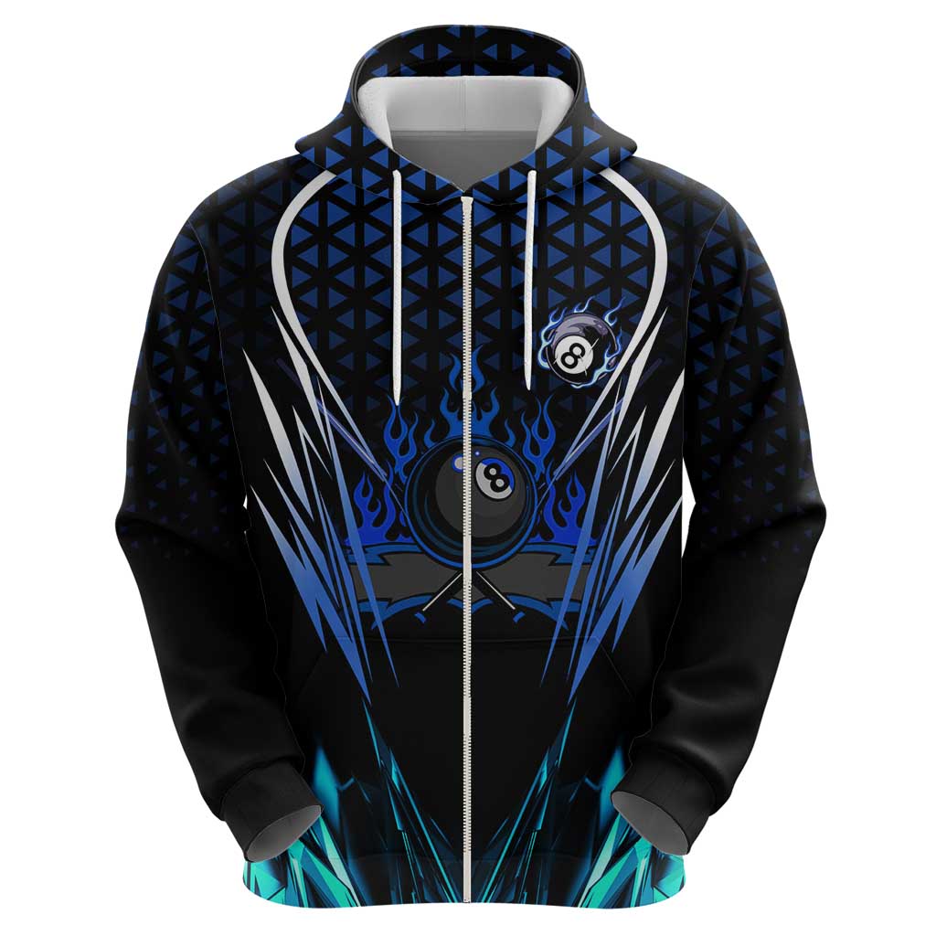Billiards Design Zip Hoodie with Blue Flame Eight Ball and Lightning Pattern in Black Cyan Gradient Background - Wonder Print Shop