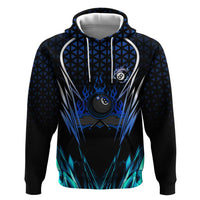 Billiards Design Zip Hoodie with Blue Flame Eight Ball and Lightning Pattern in Black Cyan Gradient Background - Wonder Print Shop