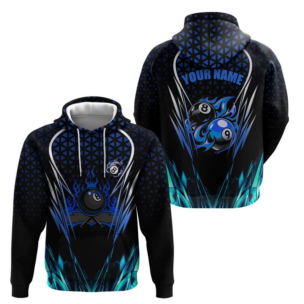 Billiards Design Zip Hoodie with Blue Flame Eight Ball and Lightning Pattern in Black Cyan Gradient Background - Wonder Print Shop
