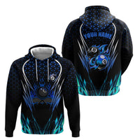 Billiards Design Zip Hoodie with Blue Flame Eight Ball and Lightning Pattern in Black Cyan Gradient Background - Wonder Print Shop