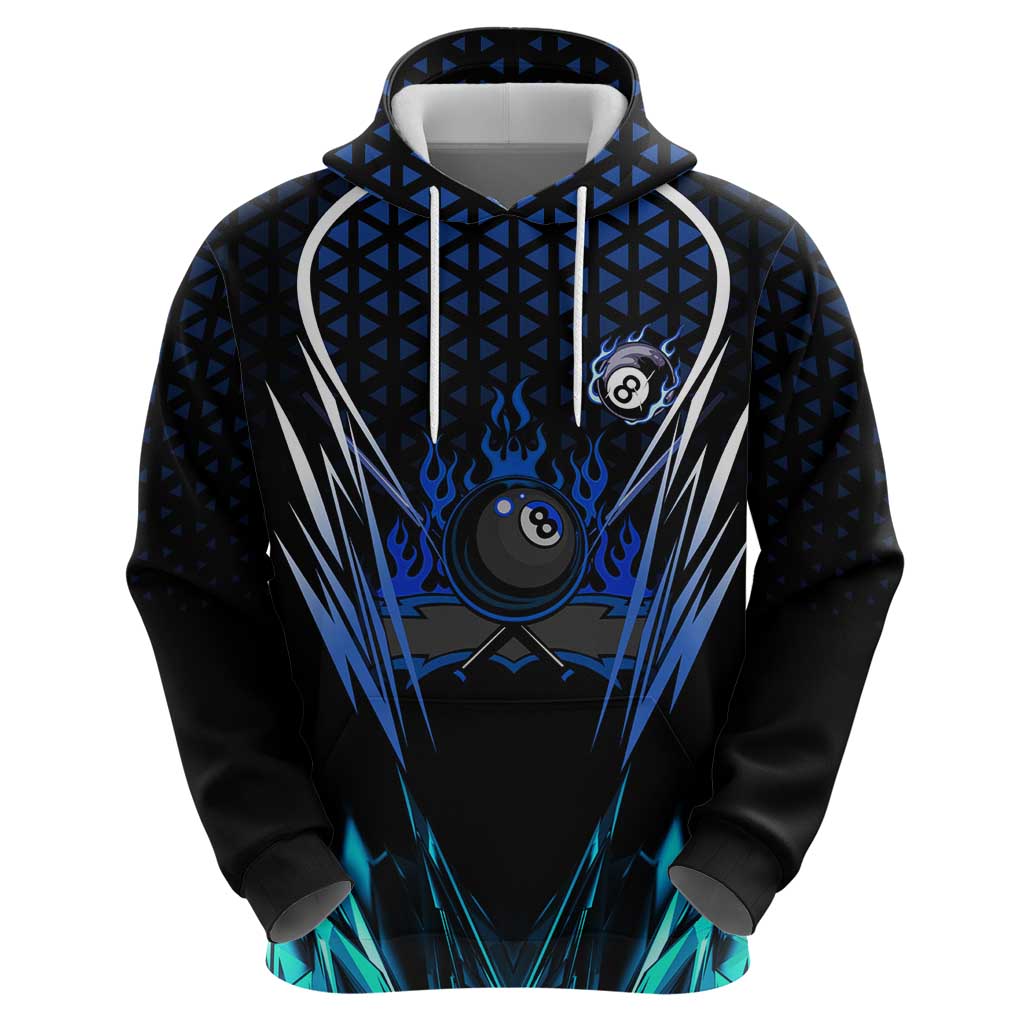 Billiards Design Zip Hoodie with Blue Flame Eight Ball and Lightning Pattern in Black Cyan Gradient Background - Wonder Print Shop