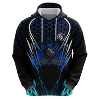 Billiards Design Zip Hoodie with Blue Flame Eight Ball and Lightning Pattern in Black Cyan Gradient Background - Wonder Print Shop