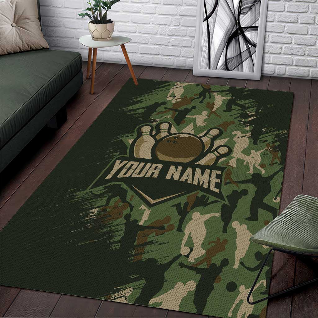 Bowling Camouflage Pattern Area Rug with Ball and Pins Graphic in Army Green and Beige Brushstroke Design - Wonder Print Shop
