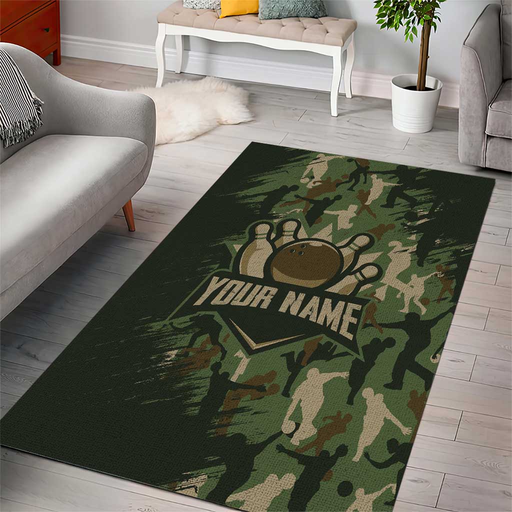 Bowling Camouflage Pattern Area Rug with Ball and Pins Graphic in Army Green and Beige Brushstroke Design - Wonder Print Shop