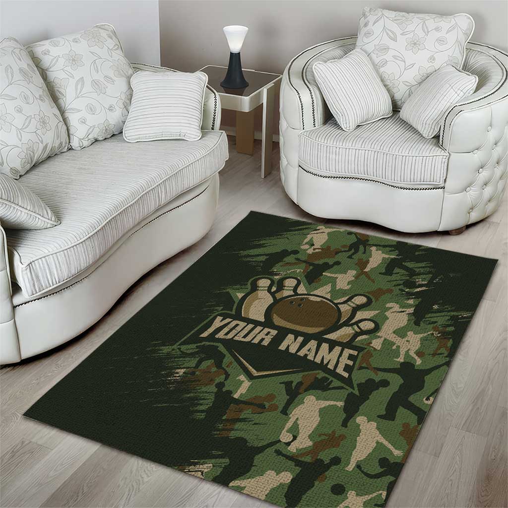 Bowling Camouflage Pattern Area Rug with Ball and Pins Graphic in Army Green and Beige Brushstroke Design - Wonder Print Shop