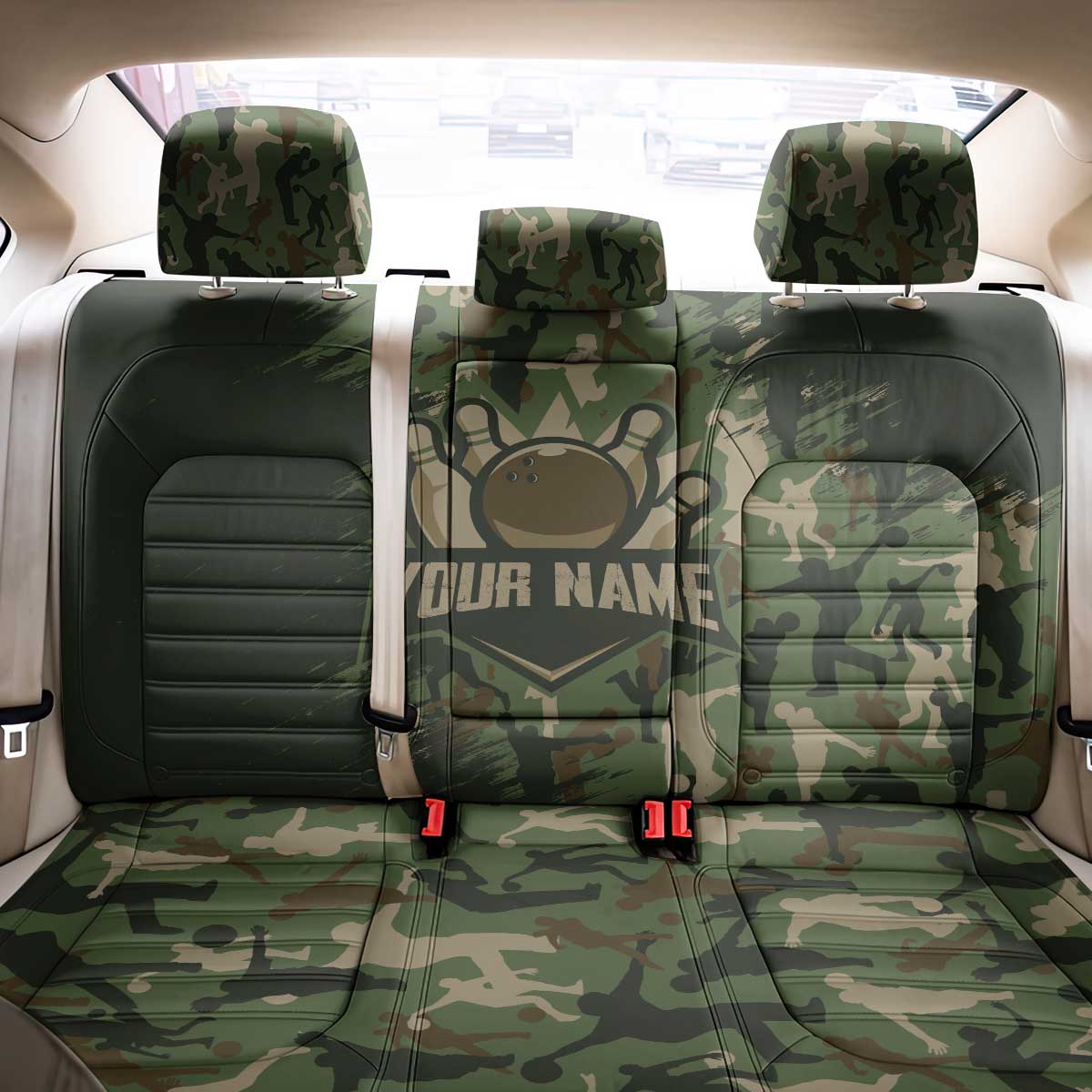 Bowling Camouflage Pattern Back Car Seat Cover with Ball and Pins Graphic in Army Green and Beige Brushstroke Design - Wonder Print Shop