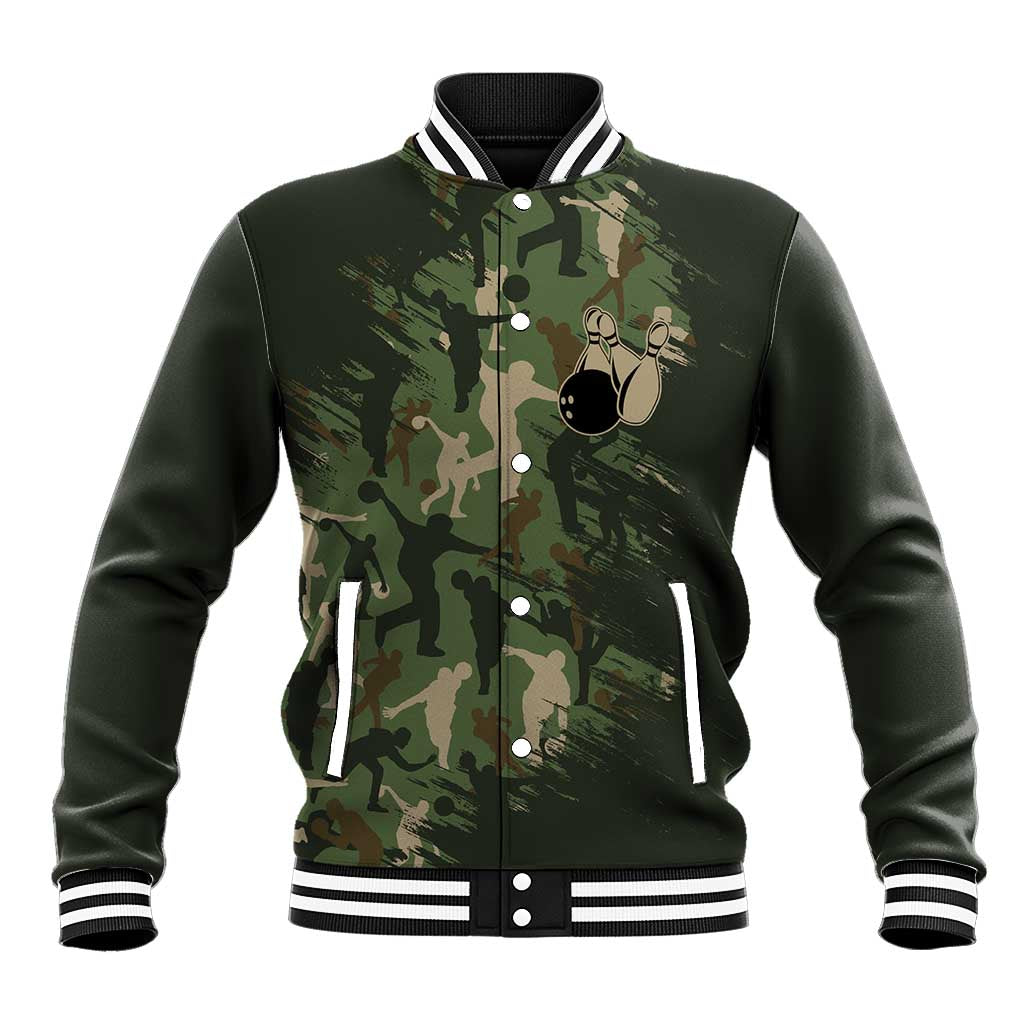 Bowling Camouflage Pattern Baseball Jacket with Ball and Pins Graphic in Army Green and Beige Brushstroke Design - Wonder Print Shop