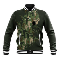 Bowling Camouflage Pattern Baseball Jacket with Ball and Pins Graphic in Army Green and Beige Brushstroke Design - Wonder Print Shop
