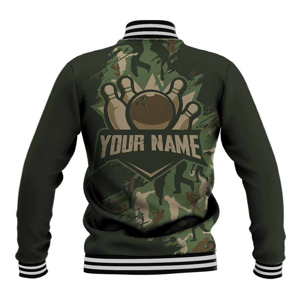 Bowling Camouflage Pattern Baseball Jacket with Ball and Pins Graphic in Army Green and Beige Brushstroke Design - Wonder Print Shop