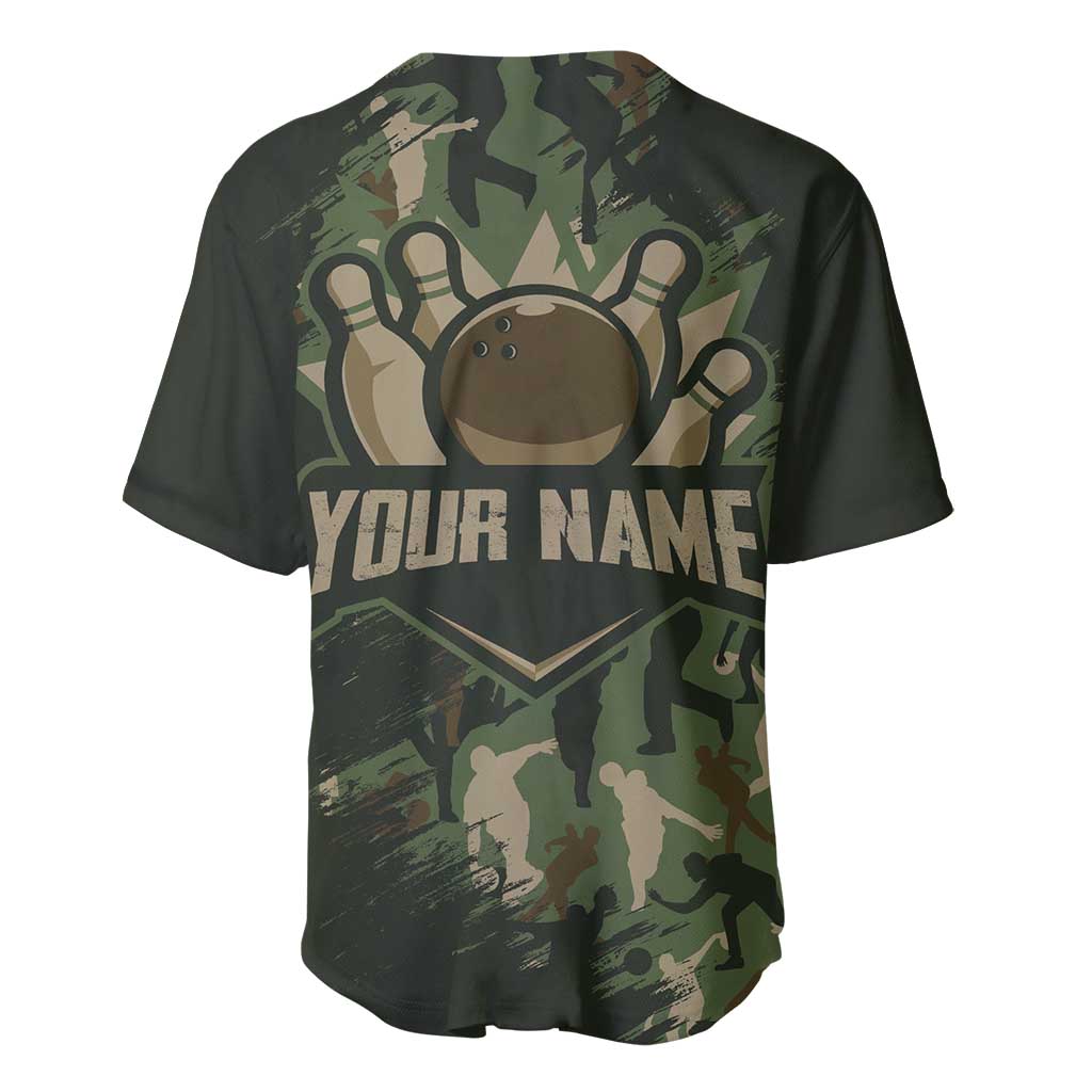 Bowling Camouflage Pattern Baseball Jersey with Ball and Pins Graphic in Army Green and Beige Brushstroke Design - Wonder Print Shop