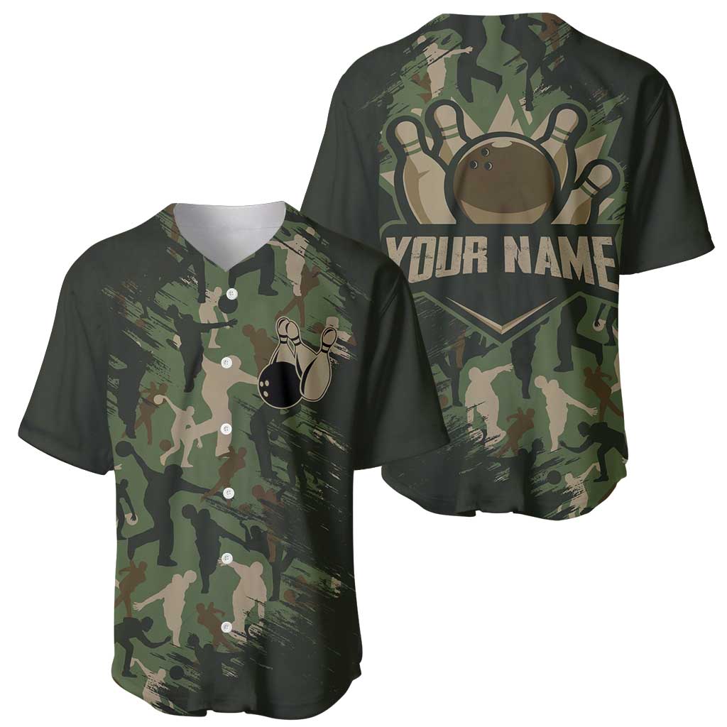 Bowling Camouflage Pattern Baseball Jersey with Ball and Pins Graphic in Army Green and Beige Brushstroke Design - Wonder Print Shop