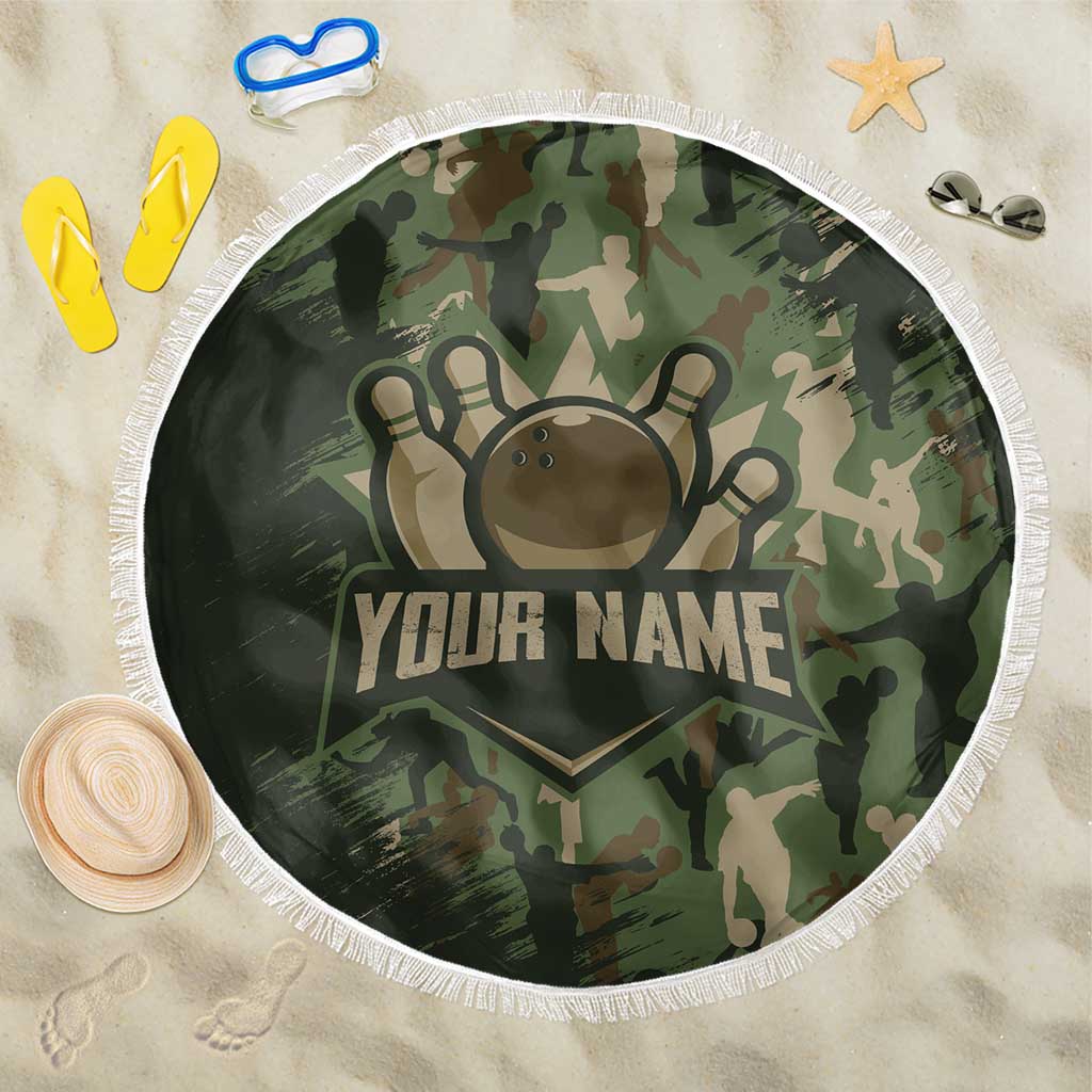 Bowling Camouflage Pattern Beach Blanket with Ball and Pins Graphic in Army Green and Beige Brushstroke Design - Wonder Print Shop