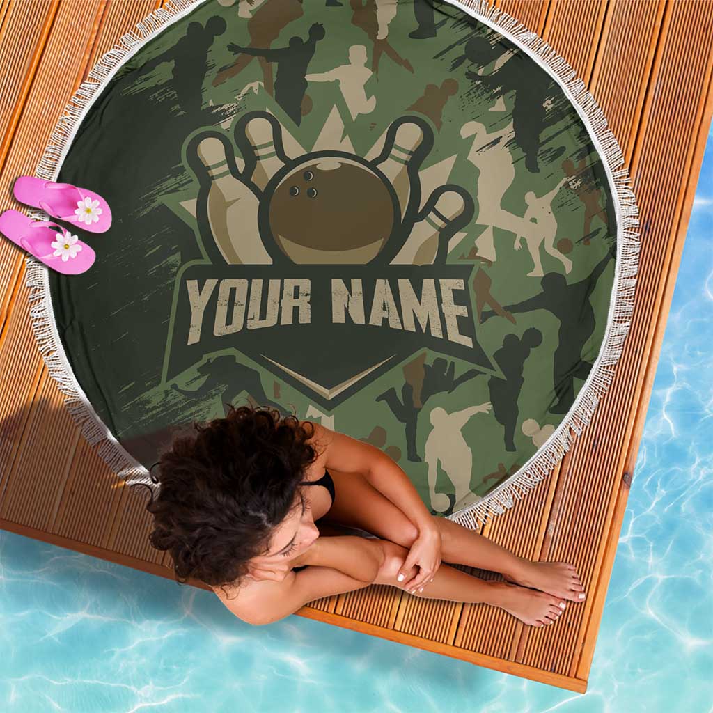 Bowling Camouflage Pattern Beach Blanket with Ball and Pins Graphic in Army Green and Beige Brushstroke Design - Wonder Print Shop