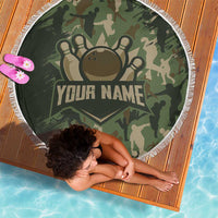 Bowling Camouflage Pattern Beach Blanket with Ball and Pins Graphic in Army Green and Beige Brushstroke Design - Wonder Print Shop