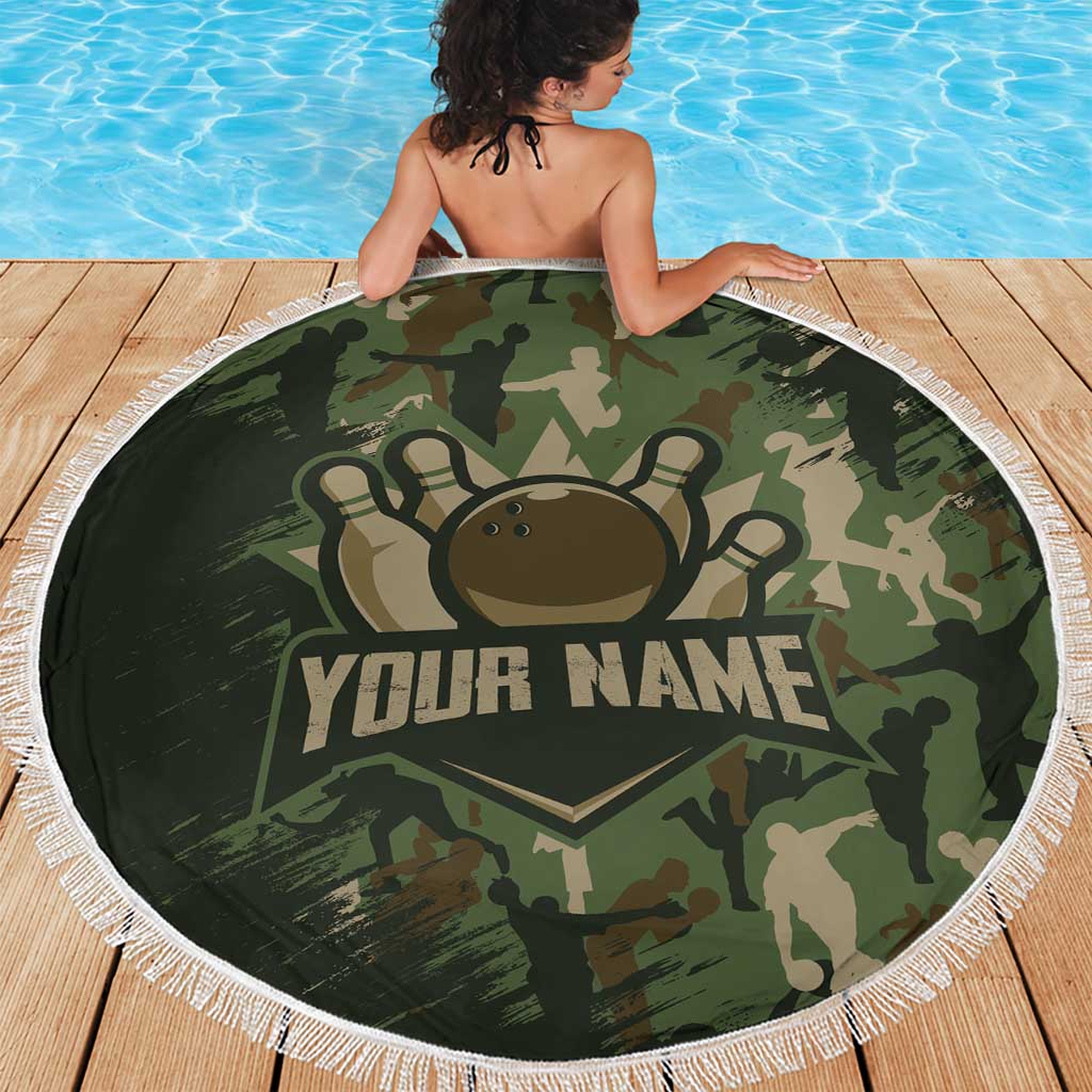 Bowling Camouflage Pattern Beach Blanket with Ball and Pins Graphic in Army Green and Beige Brushstroke Design - Wonder Print Shop