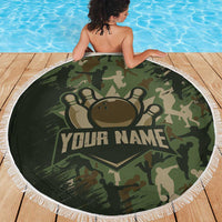Bowling Camouflage Pattern Beach Blanket with Ball and Pins Graphic in Army Green and Beige Brushstroke Design - Wonder Print Shop