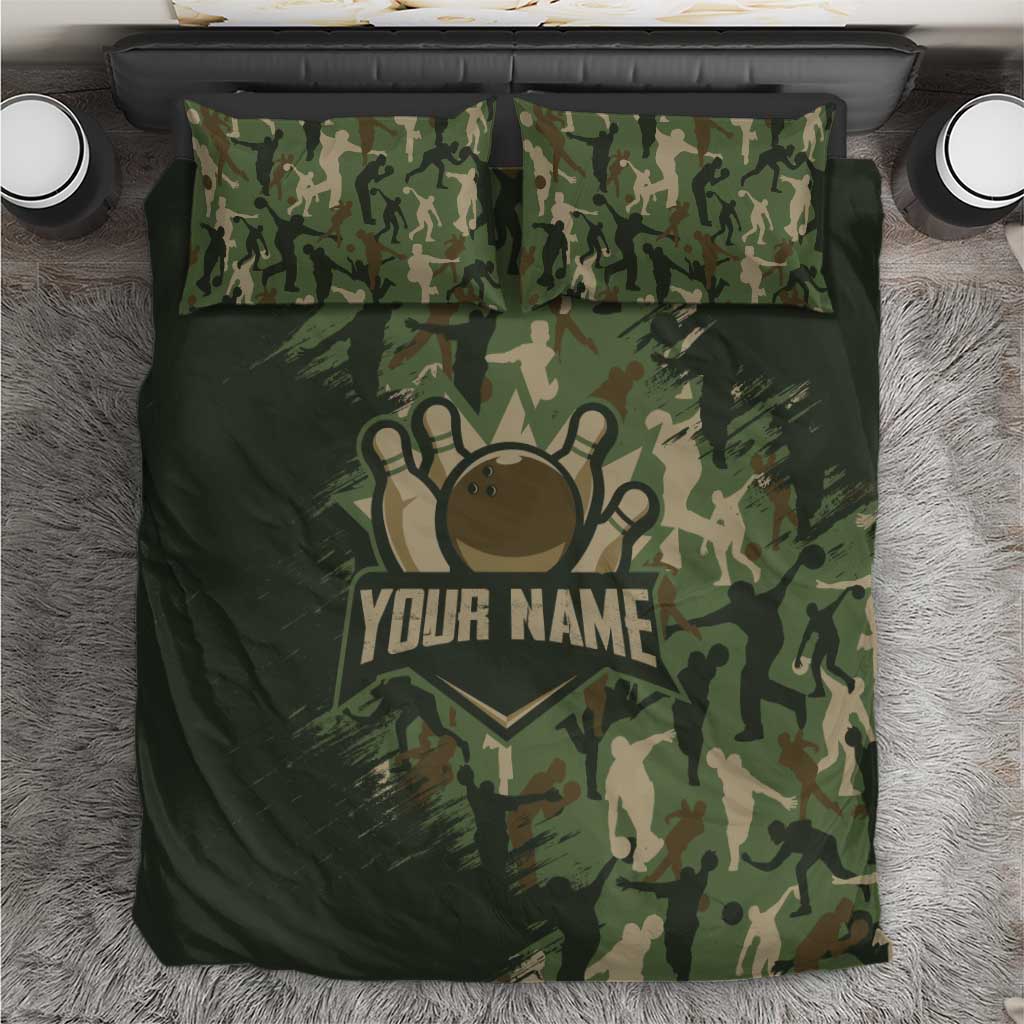 Bowling Camouflage Pattern Bedding Set with Ball and Pins Graphic in Army Green and Beige Brushstroke Design - Wonder Print Shop