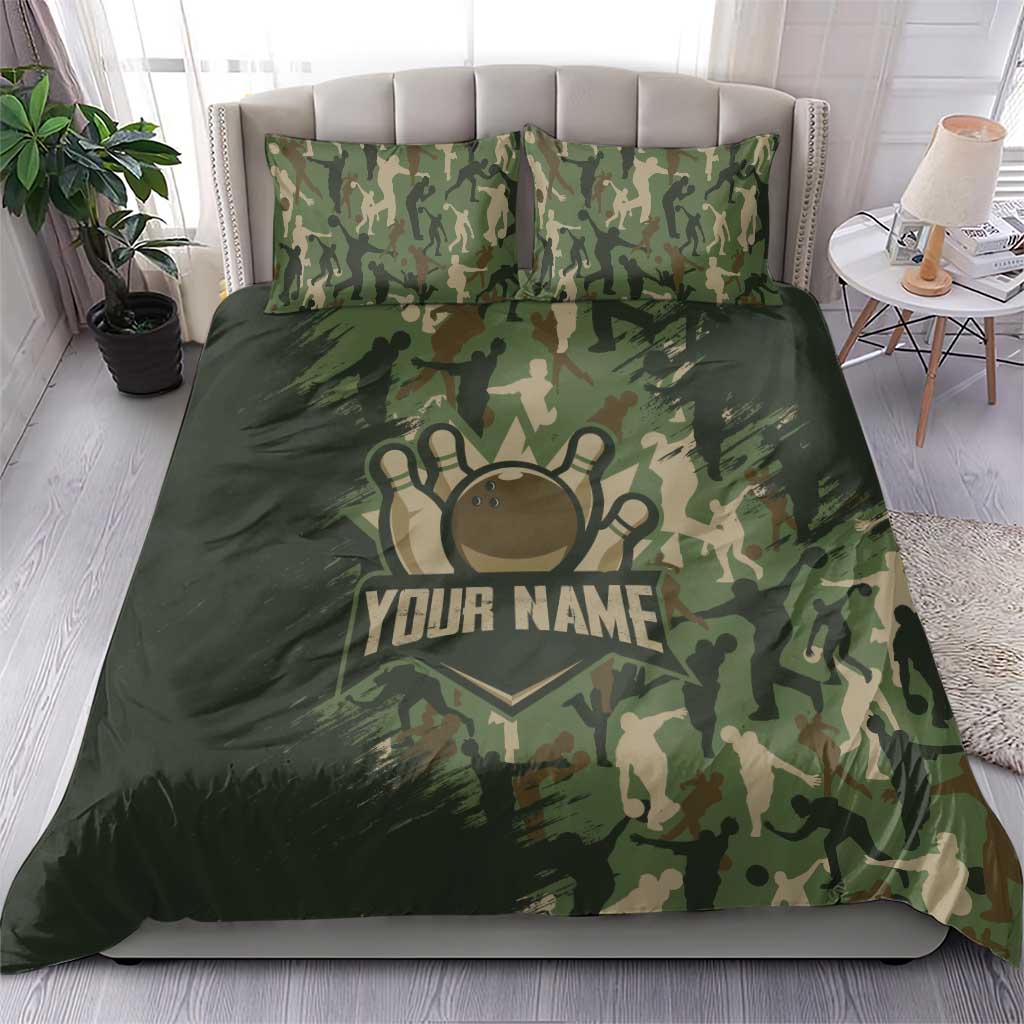 Bowling Camouflage Pattern Bedding Set with Ball and Pins Graphic in Army Green and Beige Brushstroke Design - Wonder Print Shop