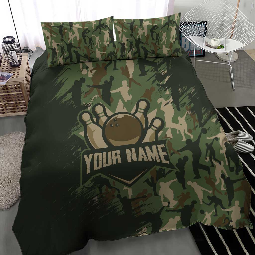Bowling Camouflage Pattern Bedding Set with Ball and Pins Graphic in Army Green and Beige Brushstroke Design - Wonder Print Shop