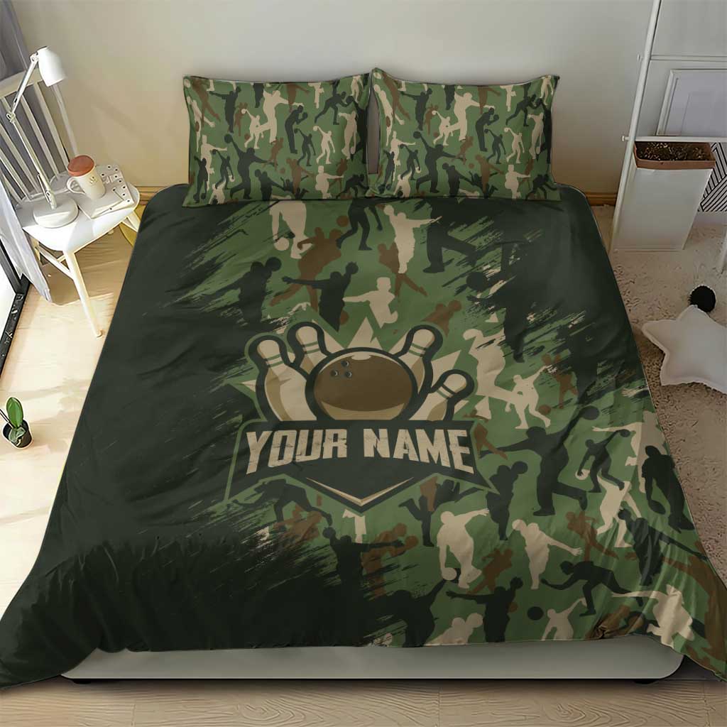 Bowling Camouflage Pattern Bedding Set with Ball and Pins Graphic in Army Green and Beige Brushstroke Design - Wonder Print Shop