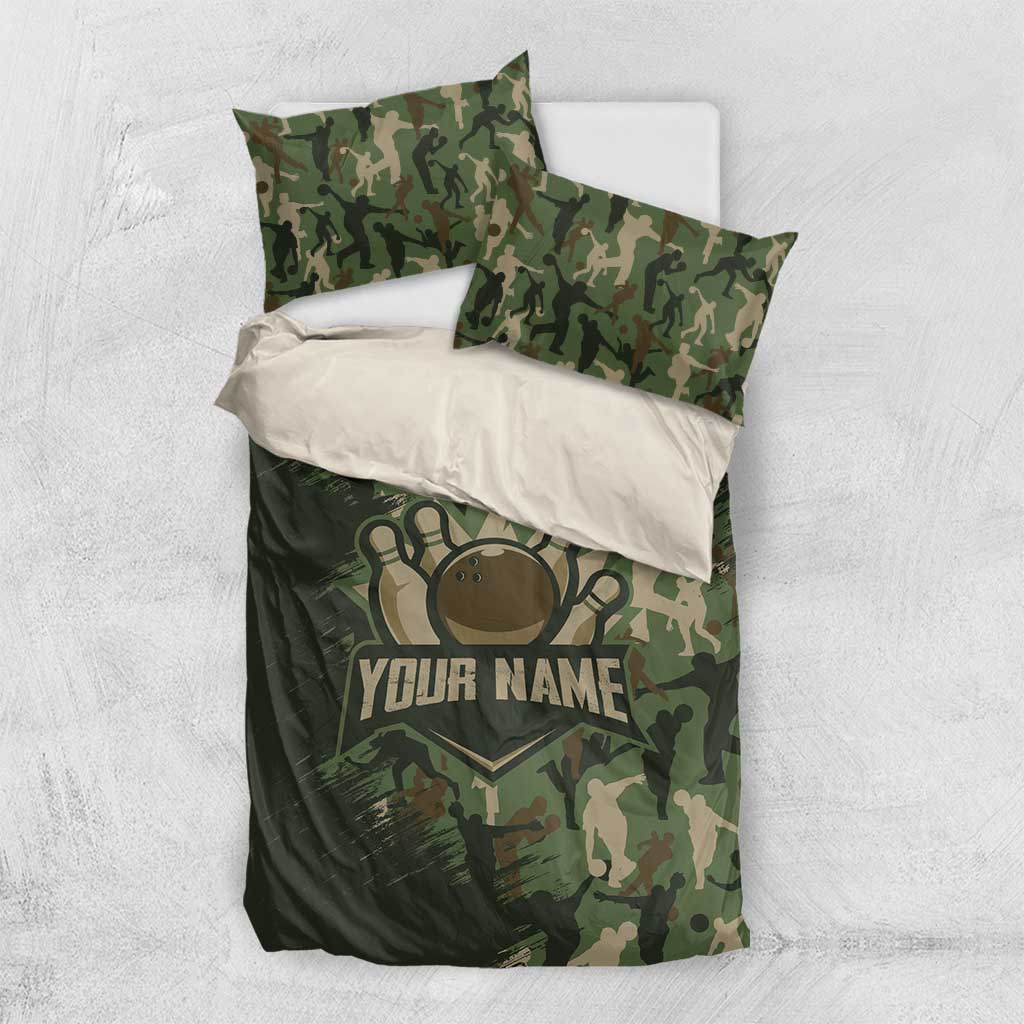 Bowling Camouflage Pattern Bedding Set with Ball and Pins Graphic in Army Green and Beige Brushstroke Design - Wonder Print Shop