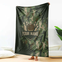 Bowling Camouflage Pattern Blanket with Ball and Pins Graphic in Army Green and Beige Brushstroke Design - Wonder Print Shop