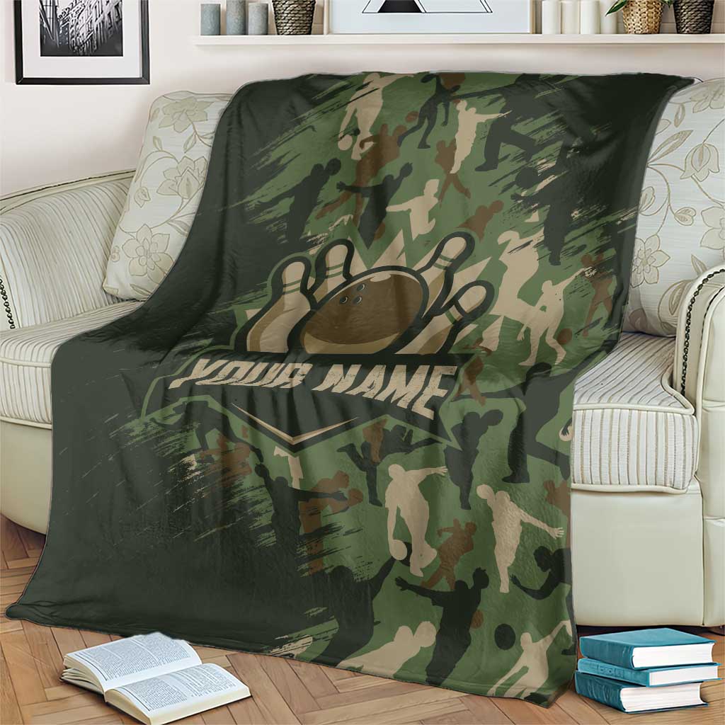 Bowling Camouflage Pattern Blanket with Ball and Pins Graphic in Army Green and Beige Brushstroke Design - Wonder Print Shop