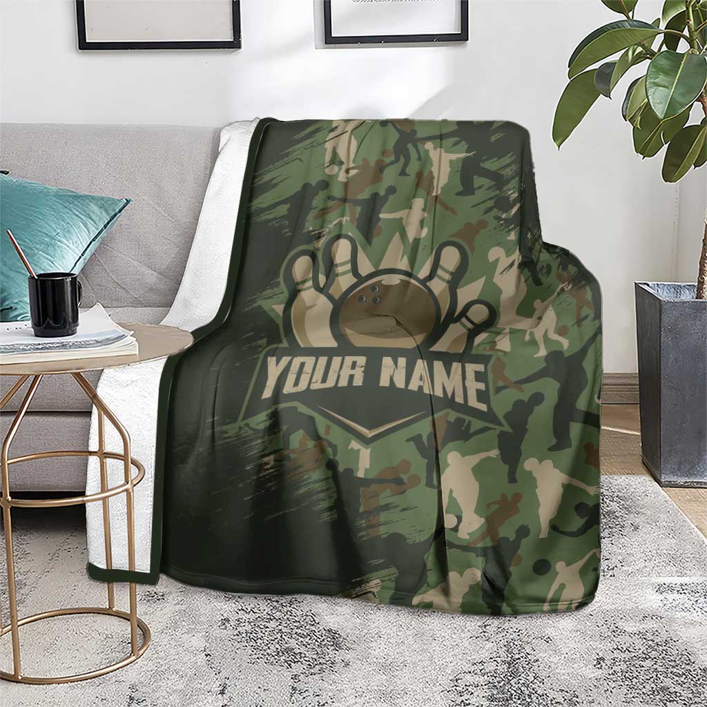 Bowling Camouflage Pattern Blanket with Ball and Pins Graphic in Army Green and Beige Brushstroke Design - Wonder Print Shop