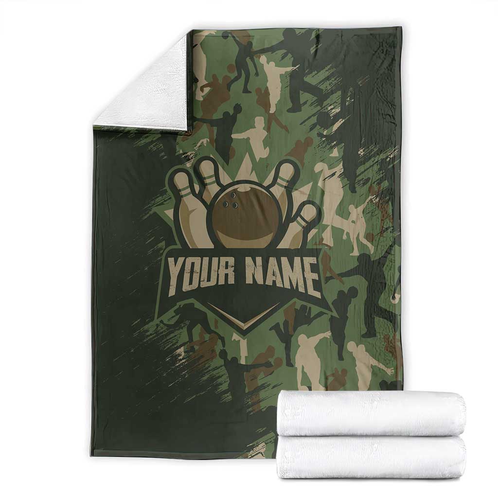 Bowling Camouflage Pattern Blanket with Ball and Pins Graphic in Army Green and Beige Brushstroke Design - Wonder Print Shop