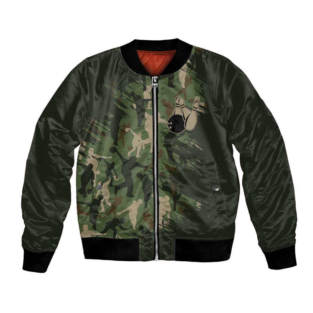 Bowling Camouflage Pattern Bomber Jacket with Ball and Pins Graphic in Army Green and Beige Brushstroke Design - Wonder Print Shop