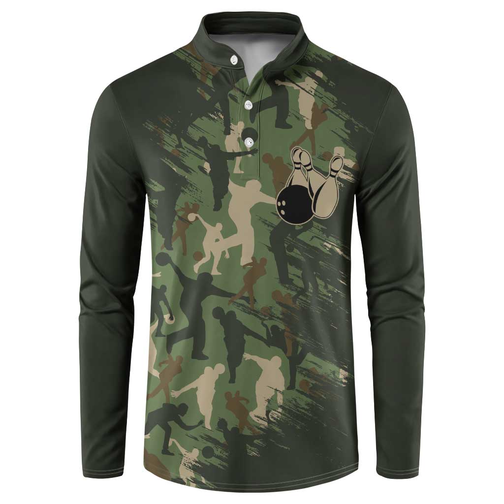 Bowling Camouflage Pattern Button Sweatshirt with Ball and Pins Graphic in Army Green and Beige Brushstroke Design - Wonder Print Shop