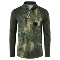 Bowling Camouflage Pattern Button Sweatshirt with Ball and Pins Graphic in Army Green and Beige Brushstroke Design - Wonder Print Shop