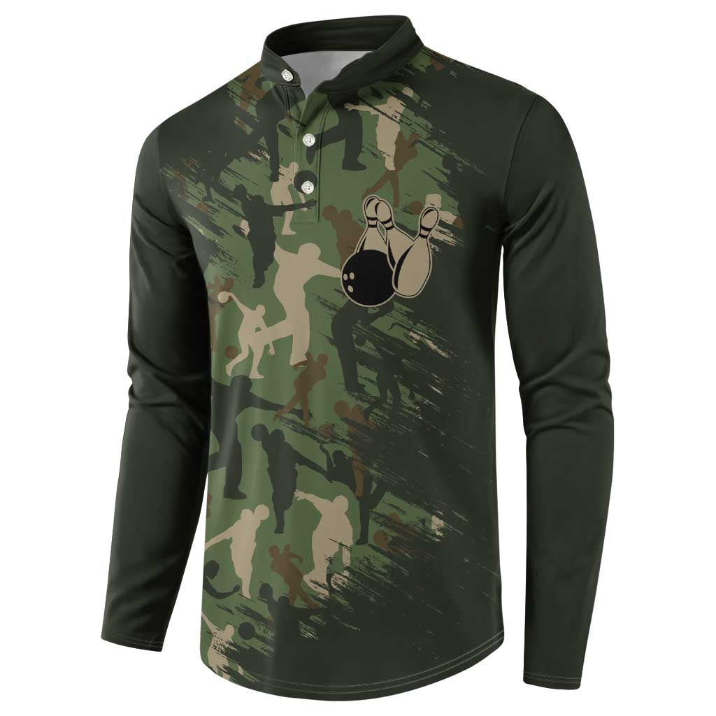 Bowling Camouflage Pattern Button Sweatshirt with Ball and Pins Graphic in Army Green and Beige Brushstroke Design - Wonder Print Shop