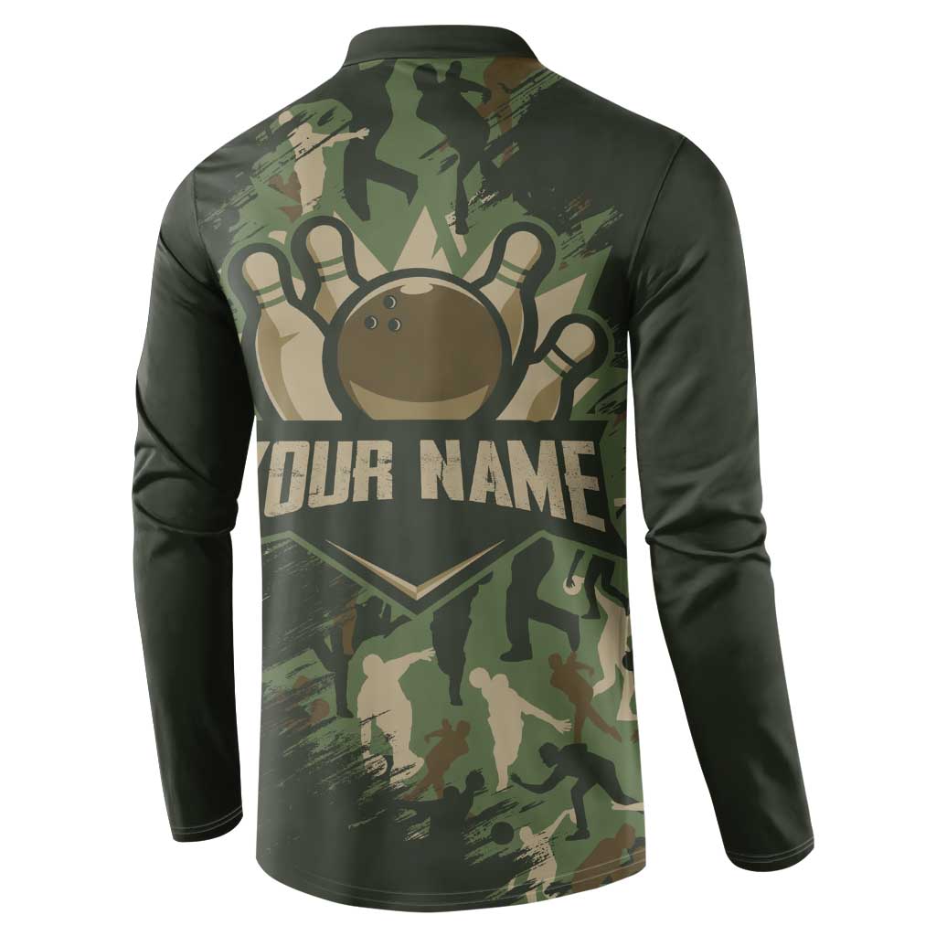 Bowling Camouflage Pattern Button Sweatshirt with Ball and Pins Graphic in Army Green and Beige Brushstroke Design - Wonder Print Shop