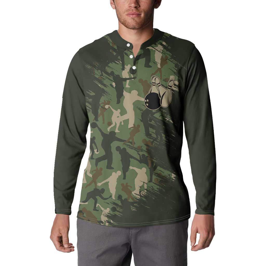 Bowling Camouflage Pattern Button Sweatshirt with Ball and Pins Graphic in Army Green and Beige Brushstroke Design - Wonder Print Shop