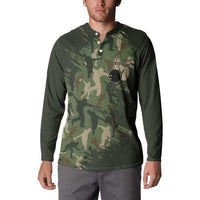 Bowling Camouflage Pattern Button Sweatshirt with Ball and Pins Graphic in Army Green and Beige Brushstroke Design - Wonder Print Shop