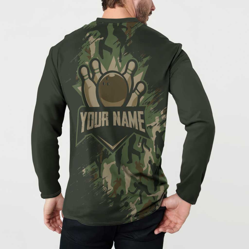 Bowling Camouflage Pattern Button Sweatshirt with Ball and Pins Graphic in Army Green and Beige Brushstroke Design - Wonder Print Shop