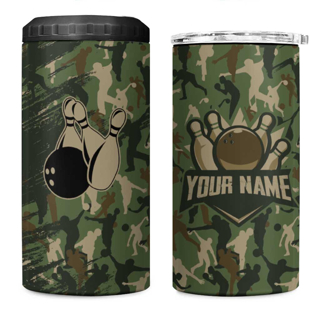 Bowling Camouflage Pattern 4 in 1 Can Cooler Tumbler with Ball and Pins Graphic in Army Green and Beige Brushstroke Design - Wonder Print Shop