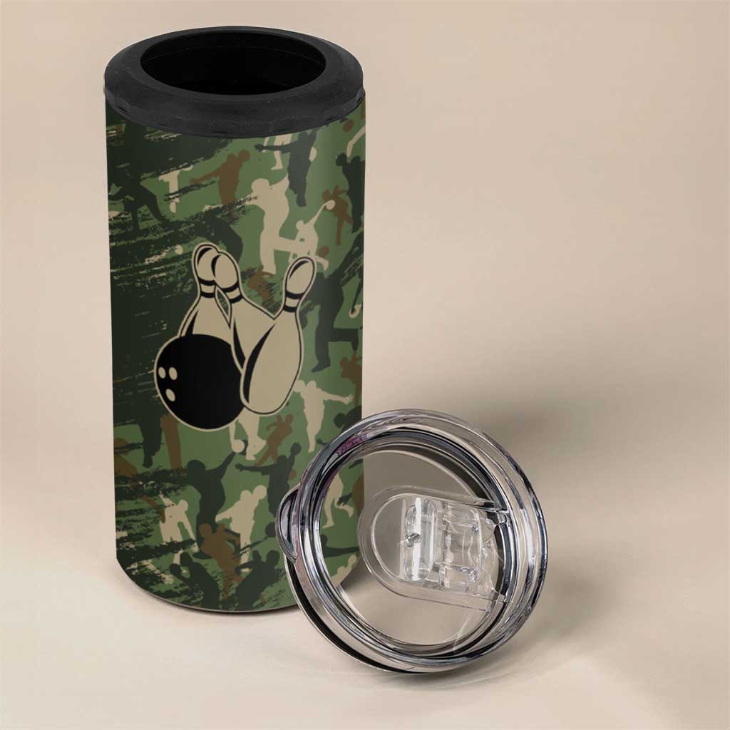 Bowling Camouflage Pattern 4 in 1 Can Cooler Tumbler with Ball and Pins Graphic in Army Green and Beige Brushstroke Design - Wonder Print Shop