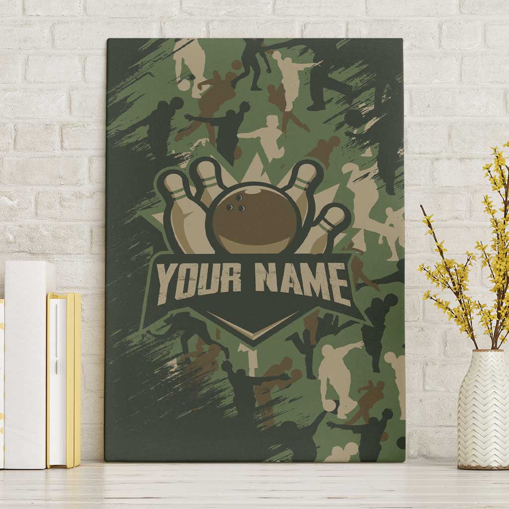 Bowling Camouflage Pattern Canvas Wall Art with Ball and Pins Graphic in Army Green and Beige Brushstroke Design - Wonder Print Shop