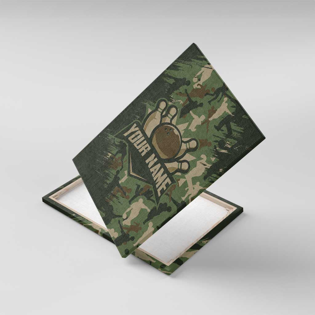 Bowling Camouflage Pattern Canvas Wall Art with Ball and Pins Graphic in Army Green and Beige Brushstroke Design - Wonder Print Shop