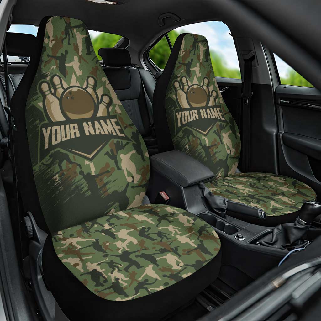 Bowling Camouflage Pattern Car Seat Cover with Ball and Pins Graphic in Army Green and Beige Brushstroke Design - Wonder Print Shop