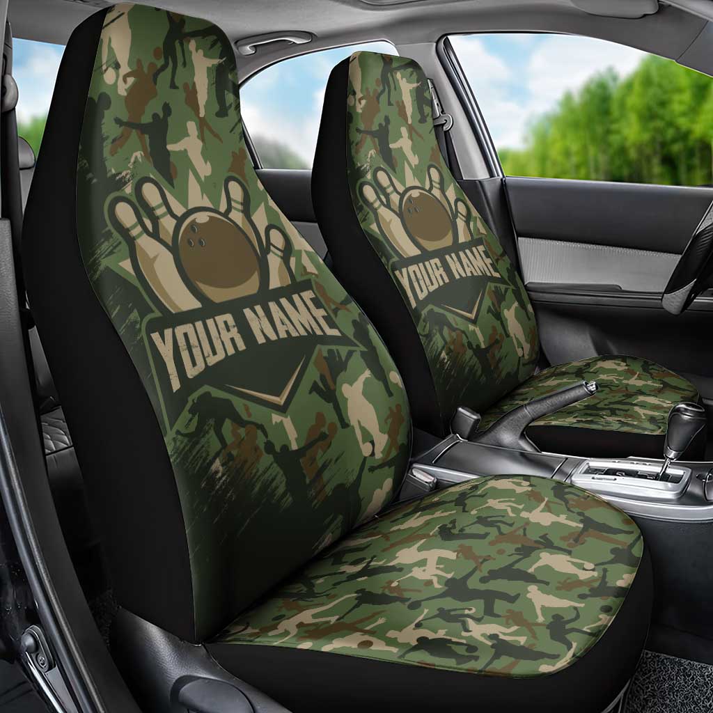 Bowling Camouflage Pattern Car Seat Cover with Ball and Pins Graphic in Army Green and Beige Brushstroke Design - Wonder Print Shop